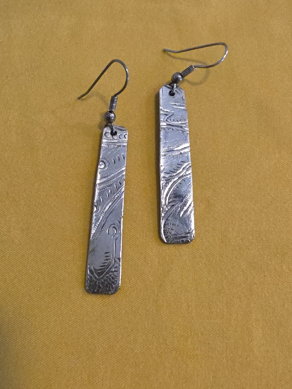 Handcrafted Silver Engraved Bar Drop Earrings - Unmarked But Likely Silver